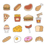 Cartoon images of different food items like pizza, hot dog, boiled egg, fried egg, cheese wedge, loaf, donut etc