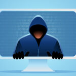 Hacker comes out of a computer screen, vector illustration