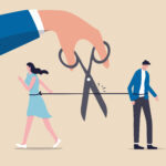 Cartoon image of a male and female tied together with a piece of string around their waist. A large hand with a pair of scissors looms large over them ready to cut the string to release them from each other. Represents cutting a negative person out of your life