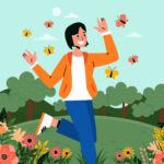 Cartoon image of happy person skipping through flowers with huge smile and arms raised with butterflies flying around their head. Wearing a white top, orange jacket, blue trousers and white high top trainers, Shows difference between being too positive and being negative