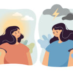Calm girl with white cloud and sun above head and negative girl in stress with thunder and storm. Woman in bad and good mood flat vector illustration.