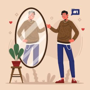 Illustration of man looking at himself  and his body in the mirror positively 