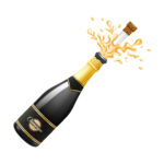 Black champagne bottle explosion with cork and splashes 