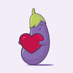 Cartoon aubergine smiling holding a heart