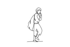 Continuous line drawing figure looking over shoulder with bag tossed over shoulder for Homeless blog