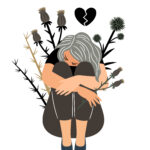 Girl in sorrow and grief hugging her knees, dressed in black with black thorny flowers behind her and a black broken heart above.