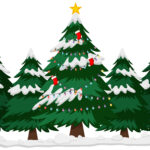 Vector image with christmas trees in a row. Front one decorated. 