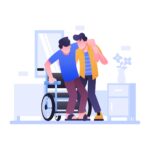 Person helping another person out of a wheelchair. Vector image for anticipatory grief.