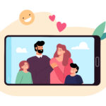Vector Photo of happy parents with children on smartphone. 