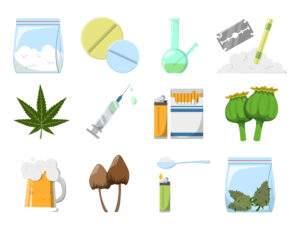 Set of drugs vector isolated. Concept of adiction and danger for health. Cocaine, tablet, syringe and marijuana. Narcotic collection.