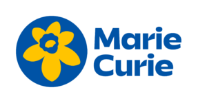 Marie Curie logo - blue writing with yellow daffodil
