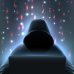 Dark colored hacker computer realistic composition with incognito man in black hood over laptop vector illustration