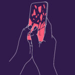 Phone breakdown in hands drawing with thin lines on blue background