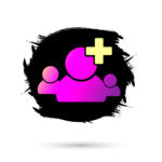 Image of purple/pink outline of a person on black background with lus sign on top of head.