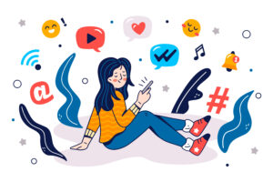 Cartoon of girl on her phone surrounded by social media icons like youtube button, wifi symbol and various emojis for making friends in rural areas blog