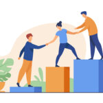 Employees giving hands and helping colleagues to walk upstairs. Team giving support, growing together. Vector illustration for teamwork, mentorship, cooperation concept