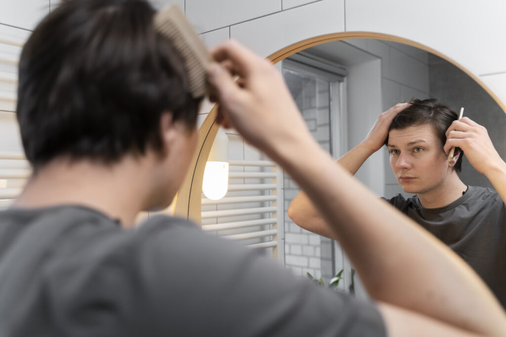 man combing hair in mirror