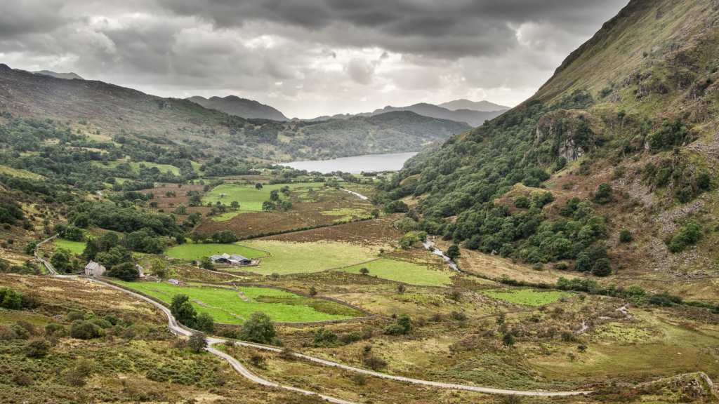 Rolling green hills in valley