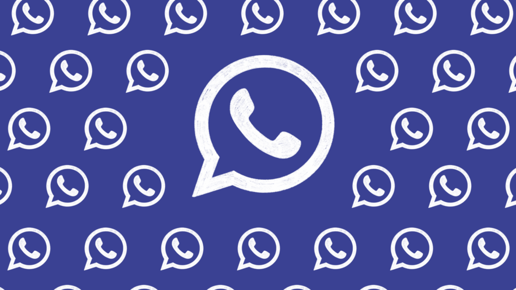 Dark blue background with lots of white WhatsApp icons dotted around. There is a larger one in the centre of the design.