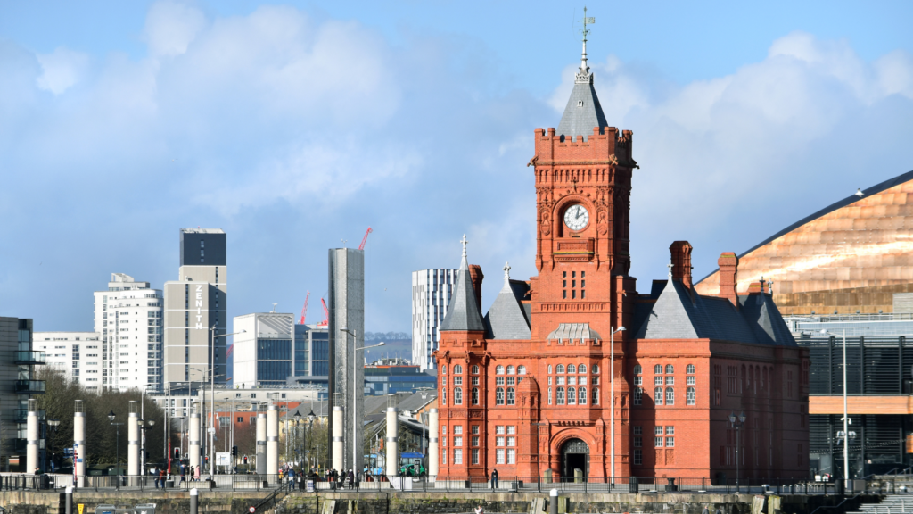 Landscape of Cardiff Bay Skyline with views or the Pierhead Building, the Senedd and Wales Millenium Centre
