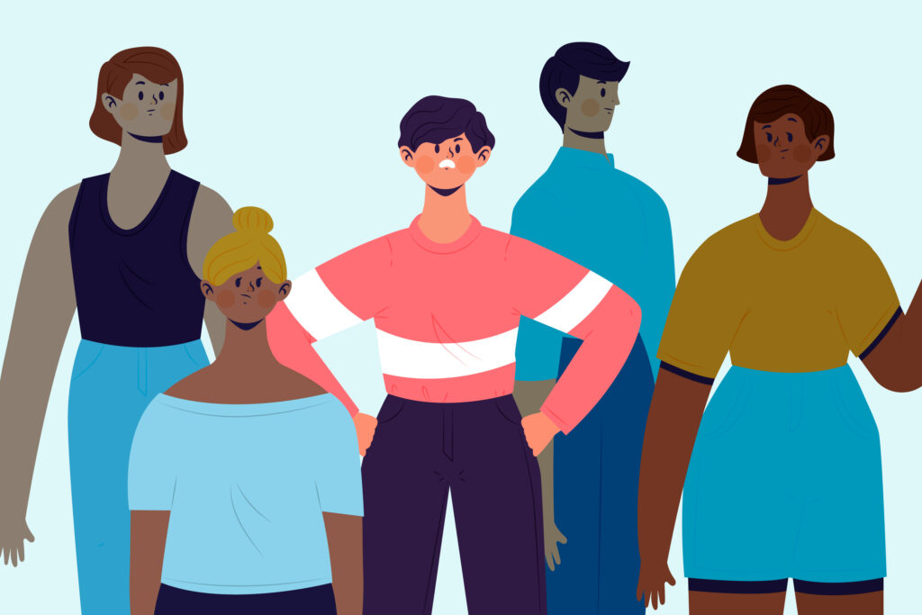 Cartoon picture of 5 people, a man is standing in the middle in colour with a determined look.