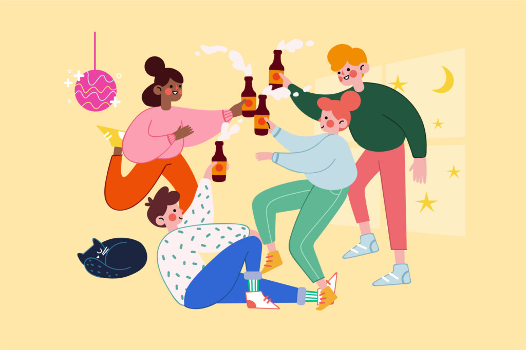 Cartoon picture of friends at a party. They are clinking bottles together