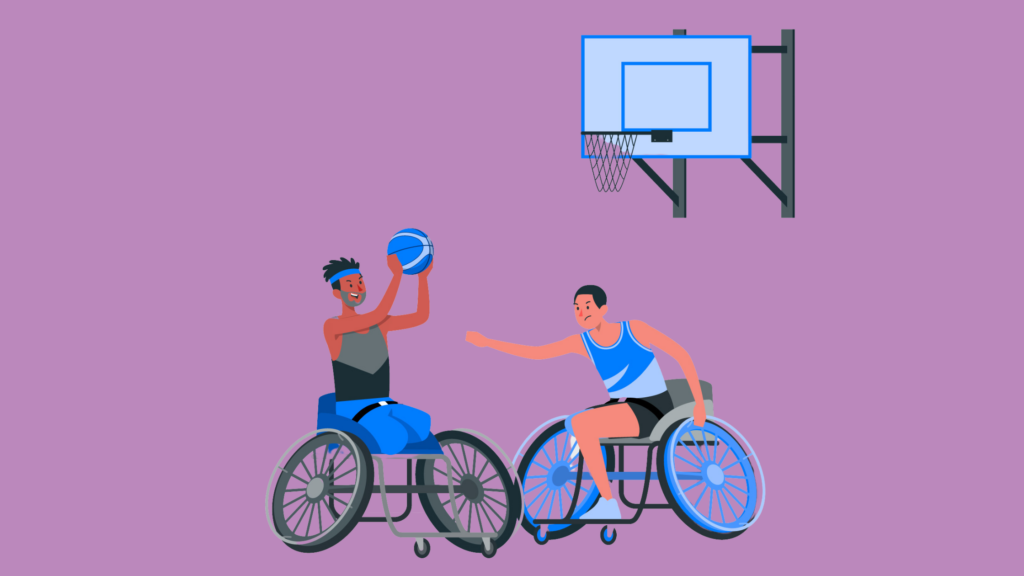 Two young men playing wheelchair basketball
