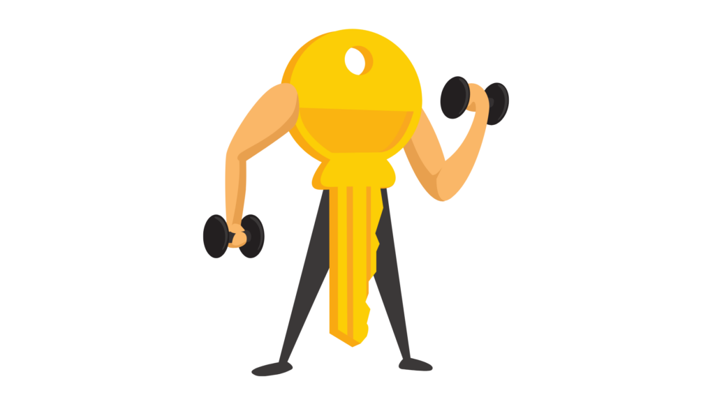 Graphic of a key that is lifting weights, showing strength in security