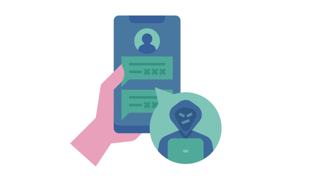 Graphic of a person holding a mobile phone and messaging a person they don't know
