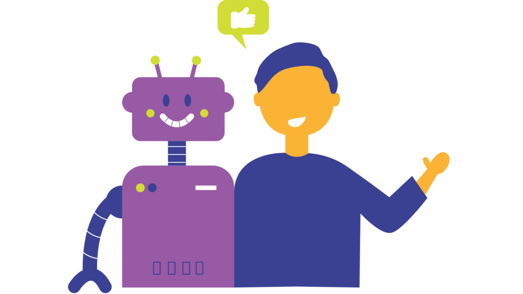 Robot AI a person yn gwenu gyda'u gilydd