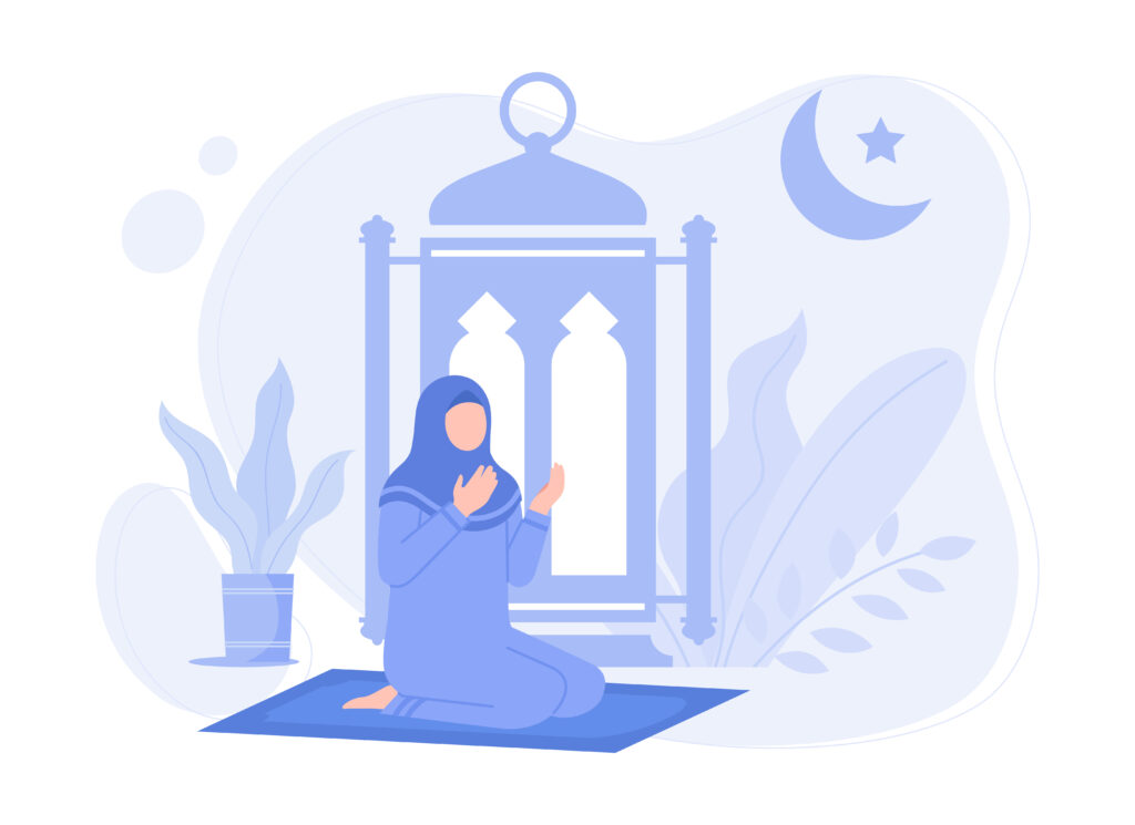 A young hijabi woman sitting on a prayer mat during Ramadan 
