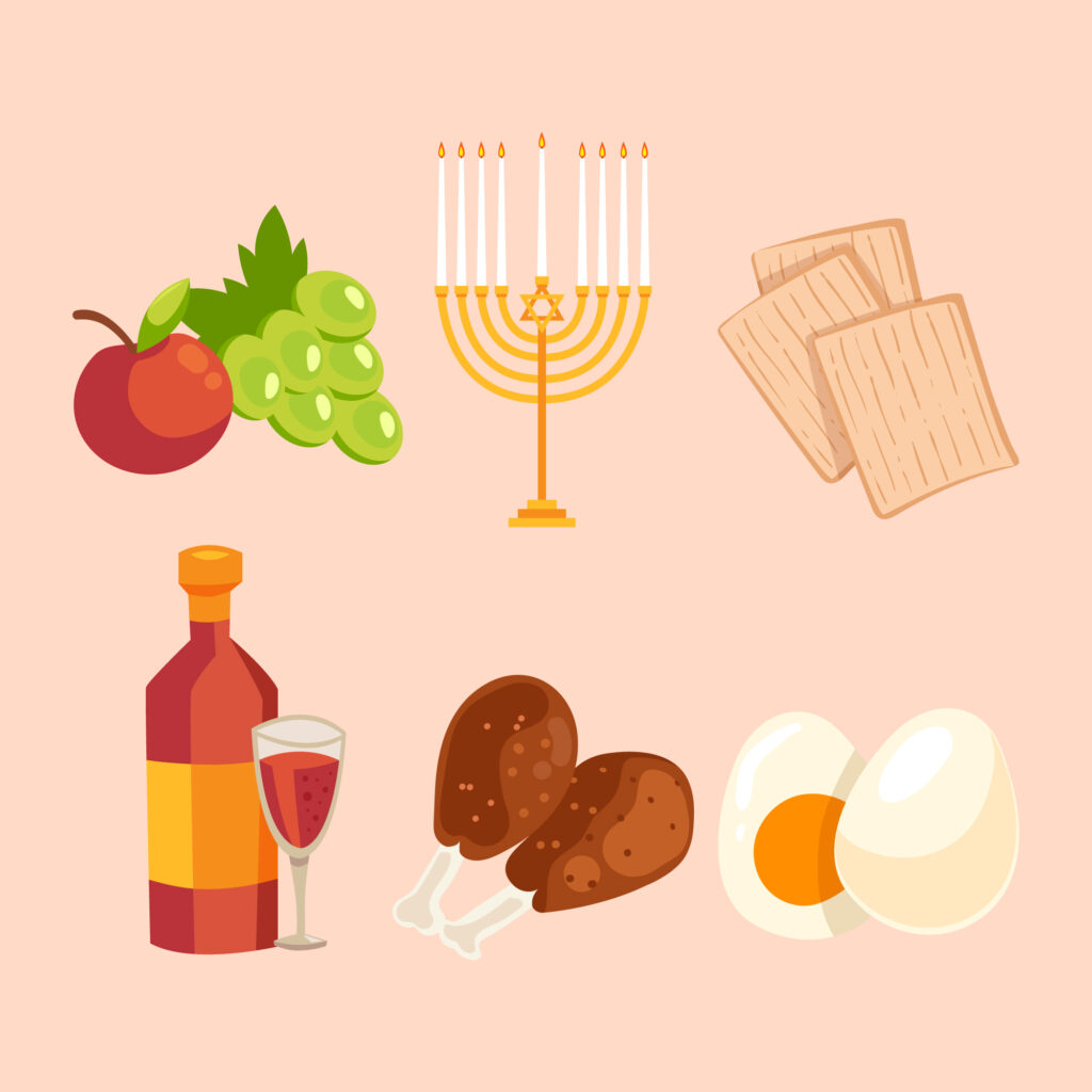 Picture showing different foods like matzah, hard boiled egg and red wine
