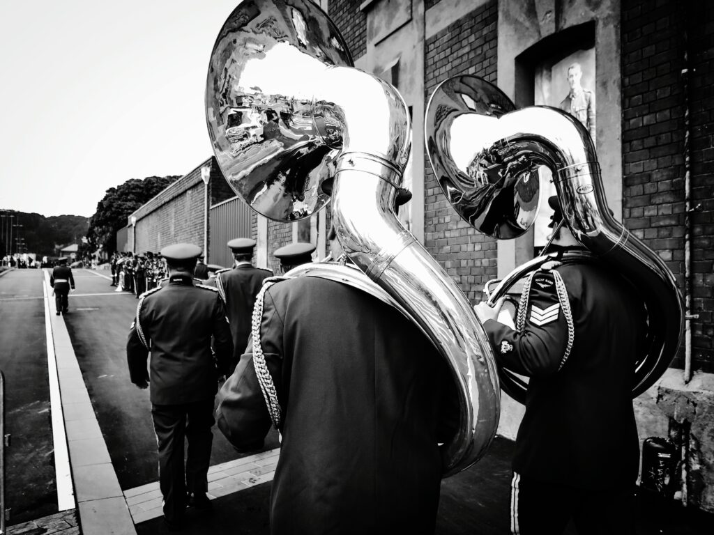 Black and white picture of the army's brass band 