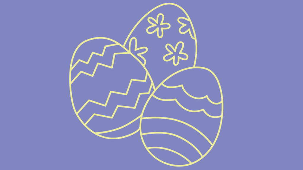 A picture of three decorated easter eggs on a light purple background