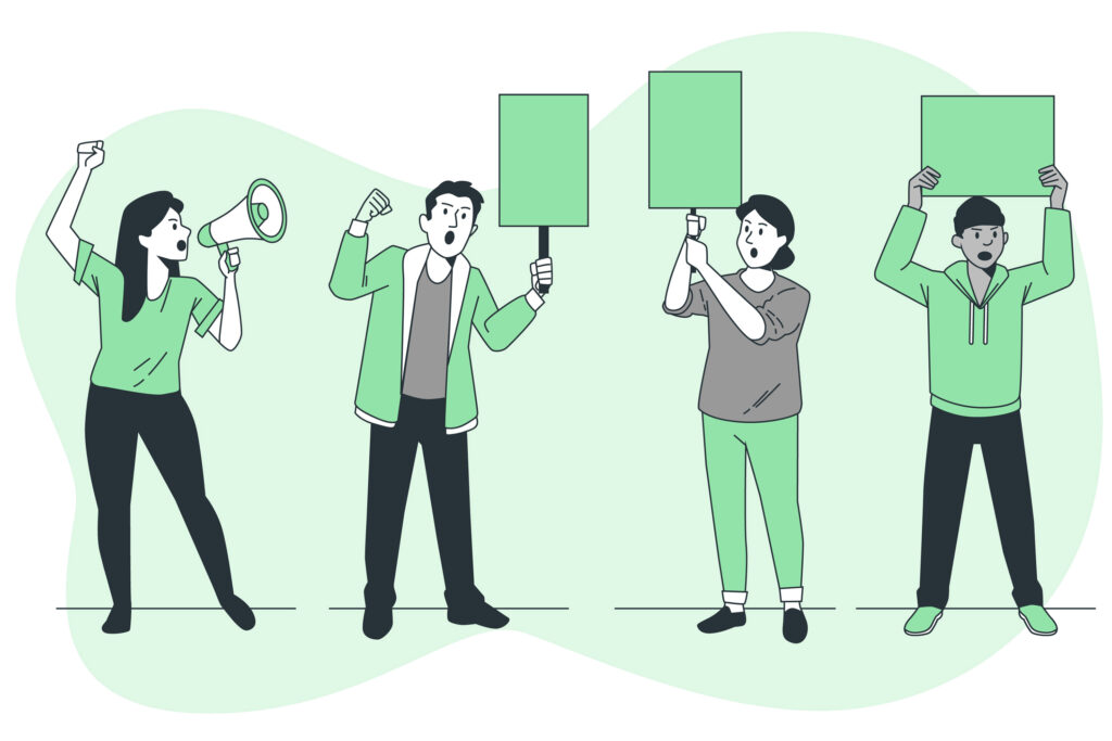 Illustration of four people holding up placards and one holding a megaphone