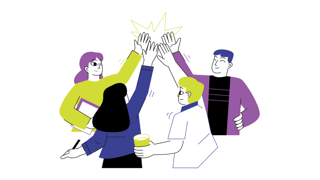 Four people high-fiving after completing a project