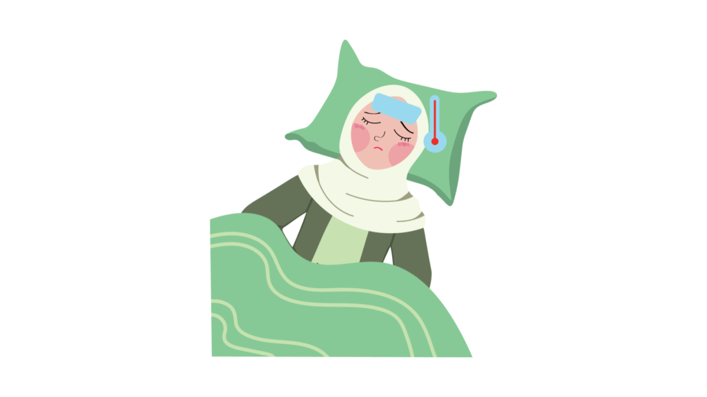Girl in bed with a temperature on her period