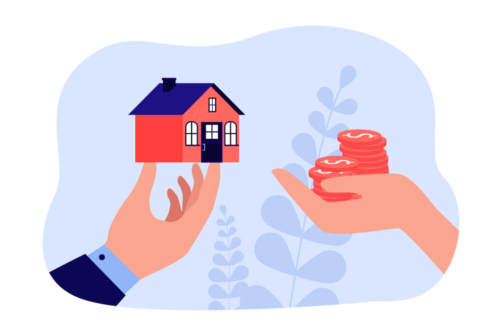 An illustration showing a person exchanging money for a home