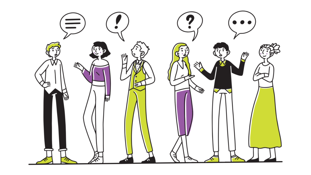 6 people talking to each other, with 1 thinking what to say