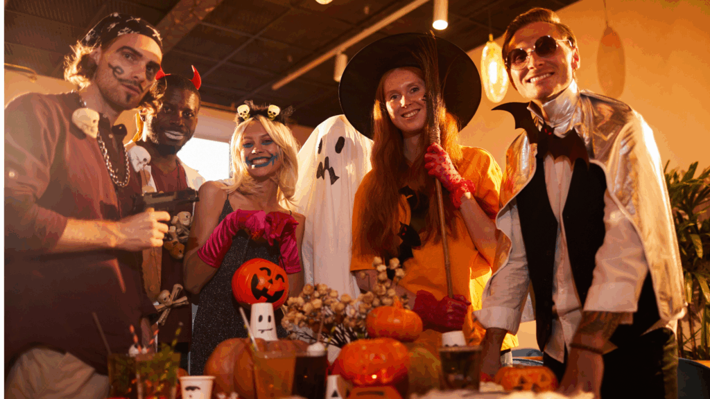 Group of young adults gathered together at a halloween party, all wearing different costumes, from pirates to ghosts